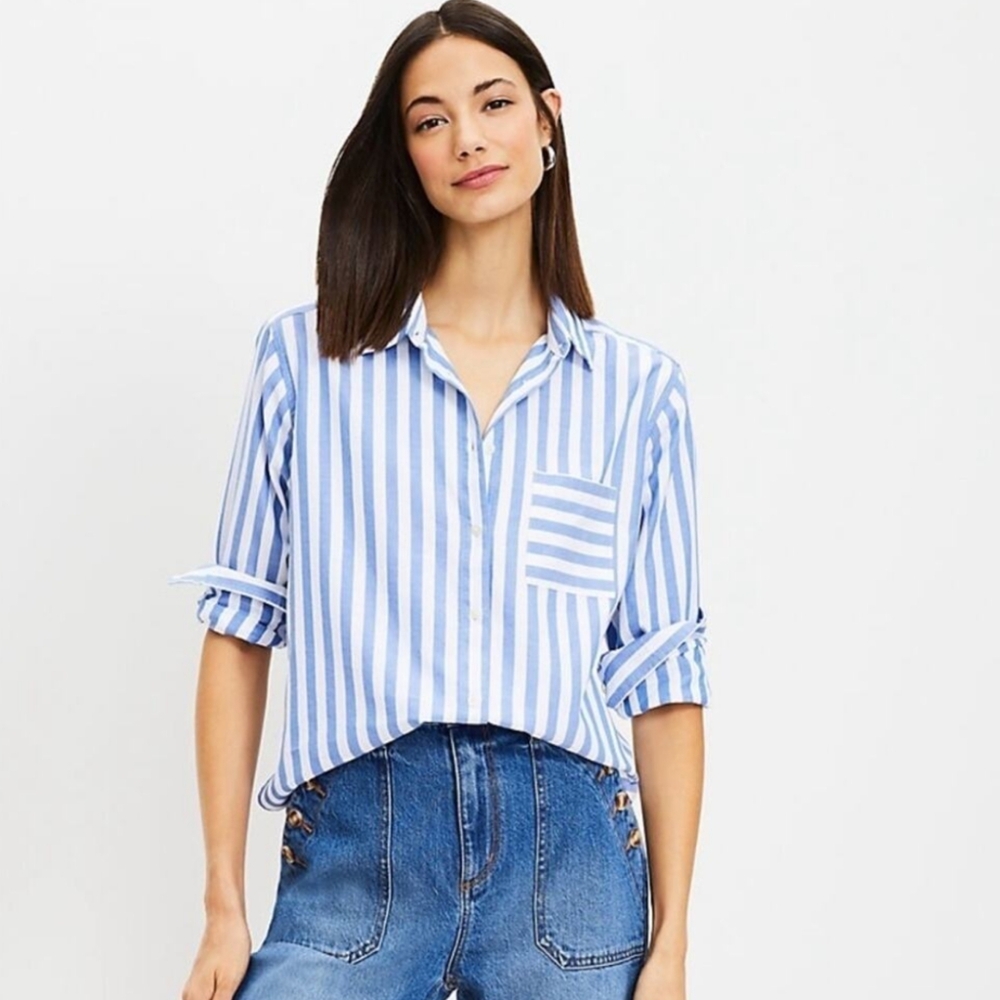 Loft Relaxed Fit Blue White Striped Button Down Cotton Pocket Shirt Long Sleeve